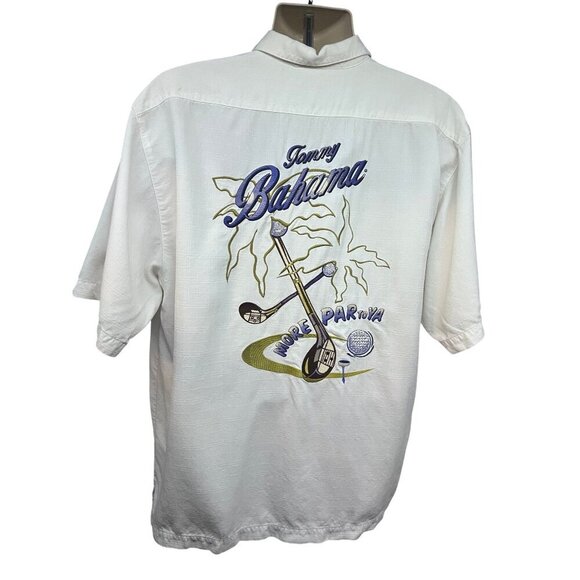 Tommy Bahama Mens Vintage White Embroidered Button Up Camp Shirt Large Pocket